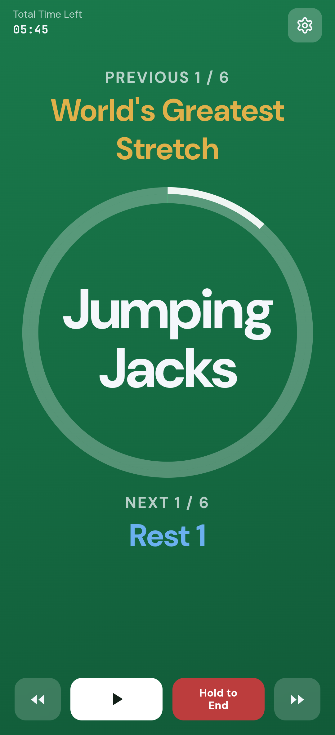 Run screen announcing 3 seconds to Jumping Jacks.