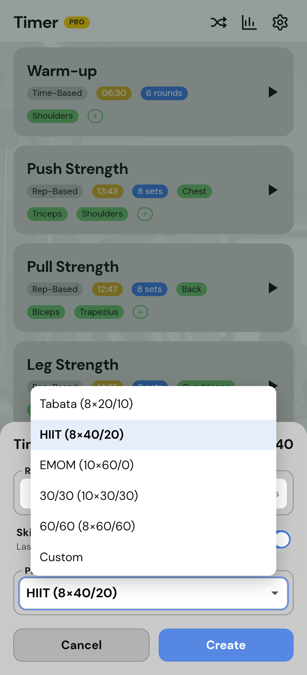 Create sheet: Time-Based HIIT preset.