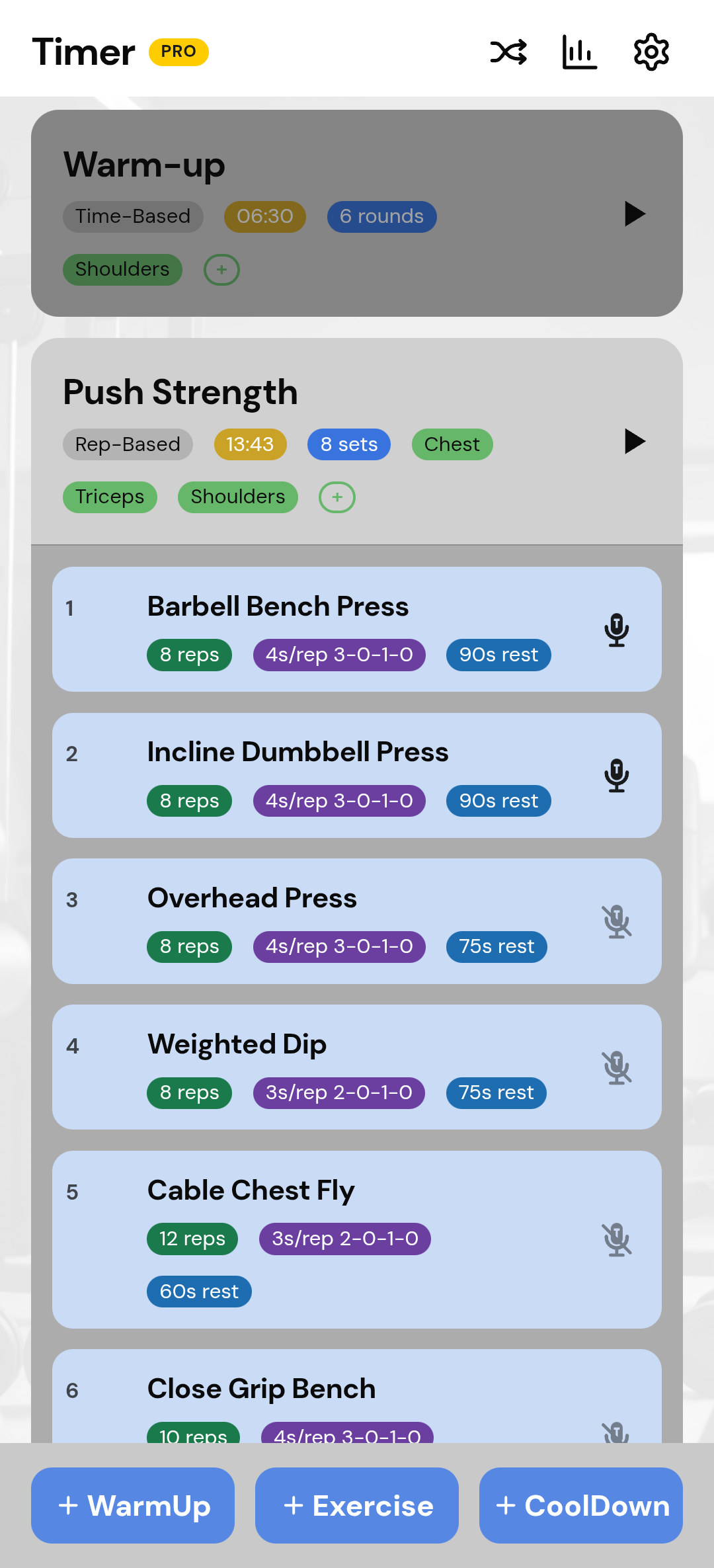 Home accordion with color-coded workout tags.
