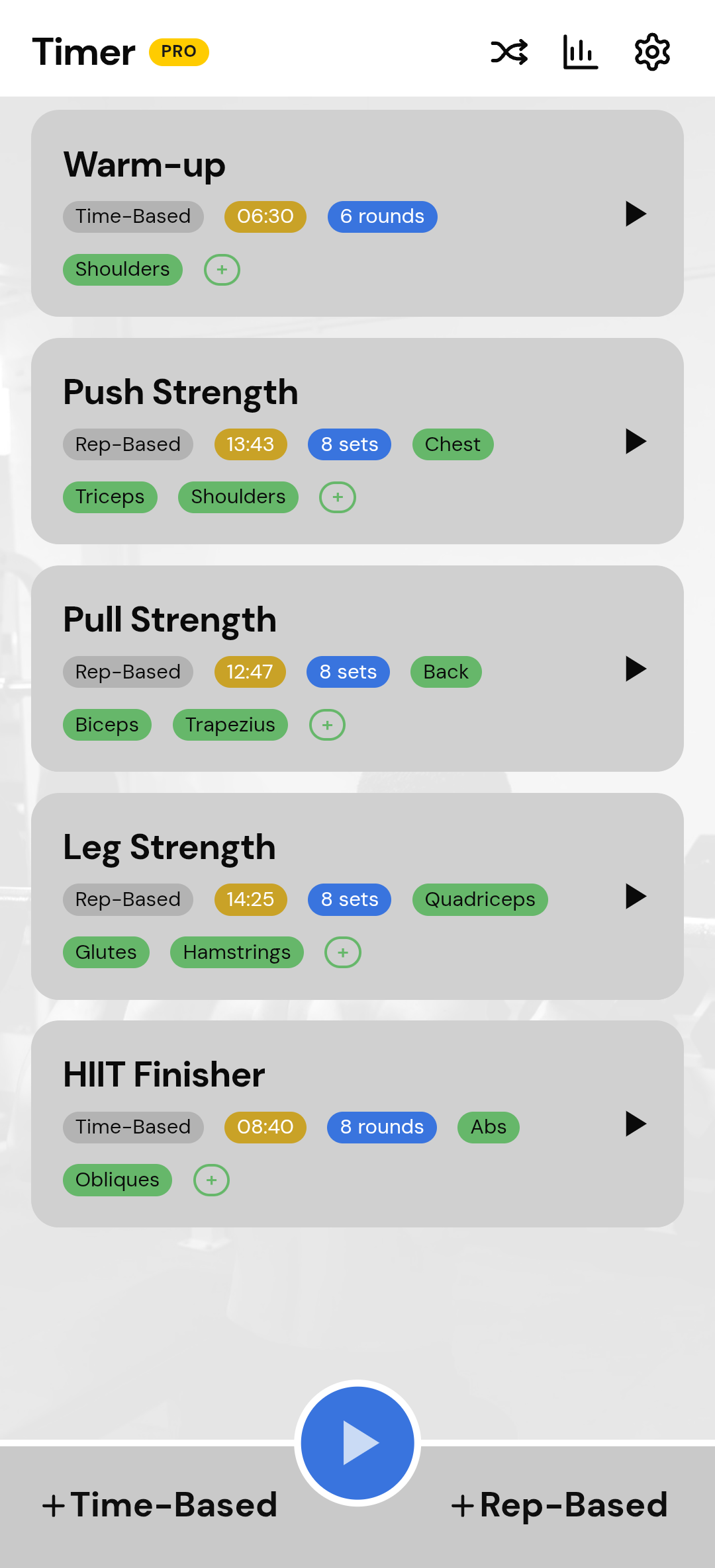 Home with Time-Based and Rep-Based workouts and Play All.