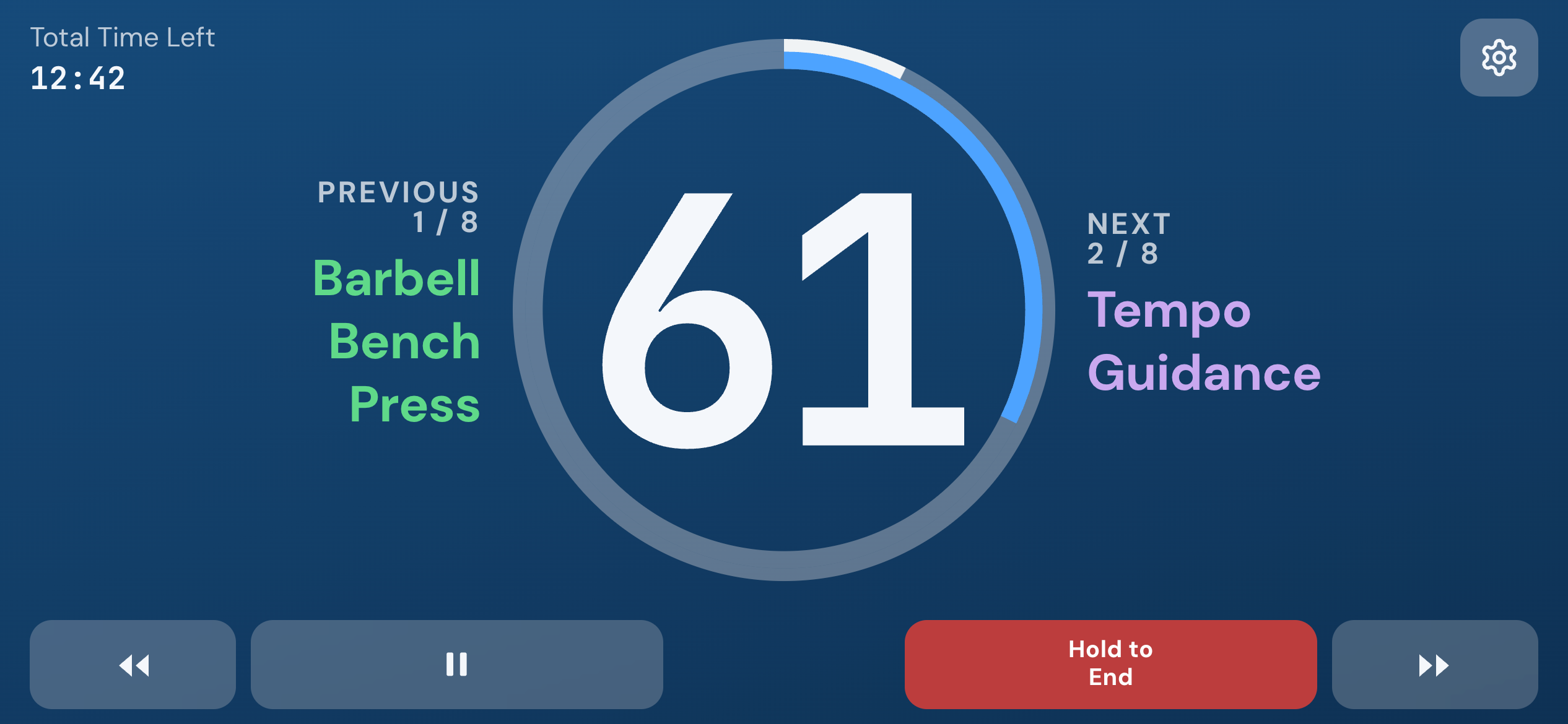 The same workout during rest: high-contrast blue numbers.