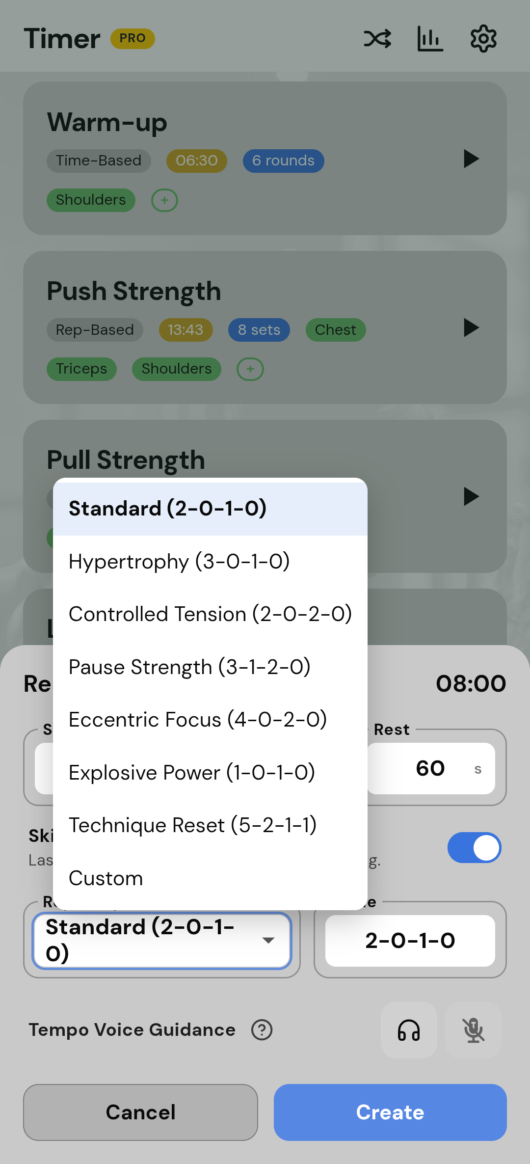 Tempo editor with a 3-0-1-0 four-phase cadence.