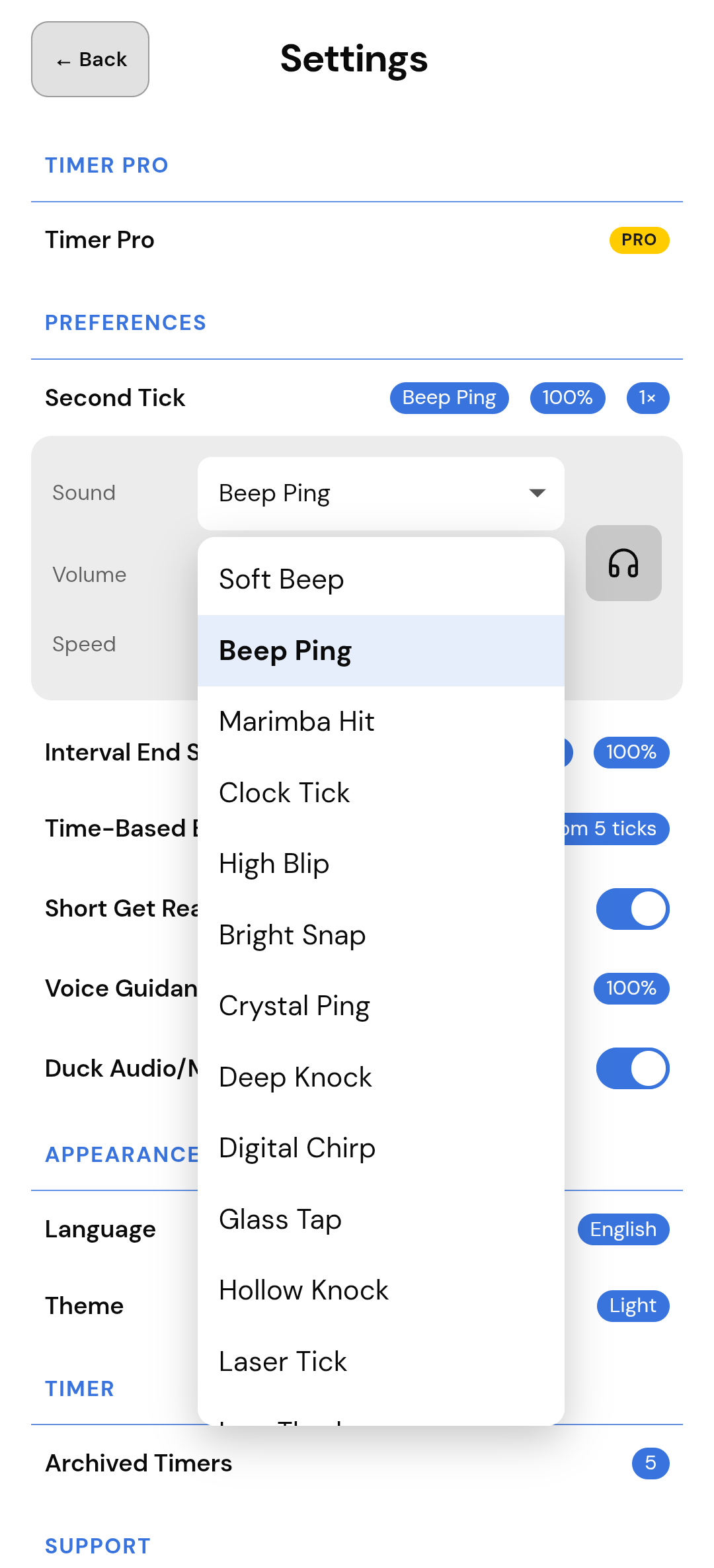 Settings: Second Tick sound list with Beep Ping selected.