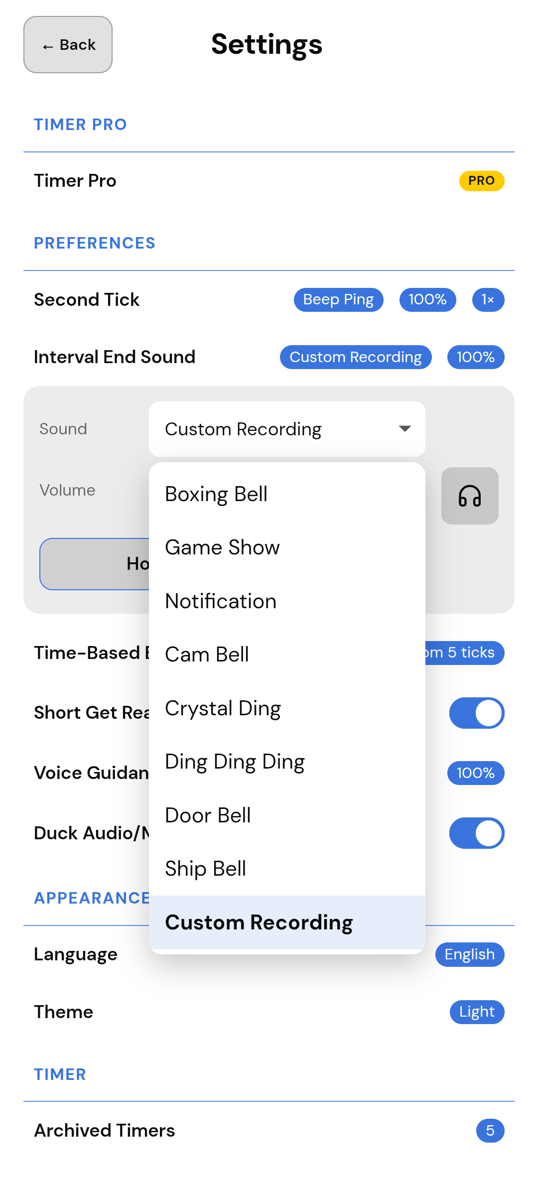Settings: interval-end sound and independent volumes.