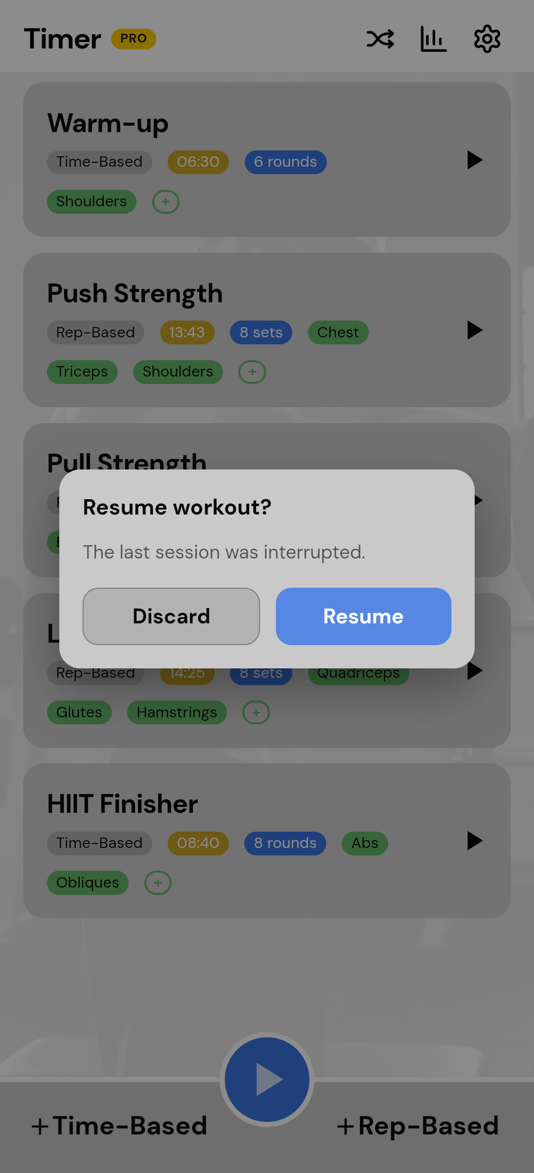 Resume or Discard after the app is interrupted.