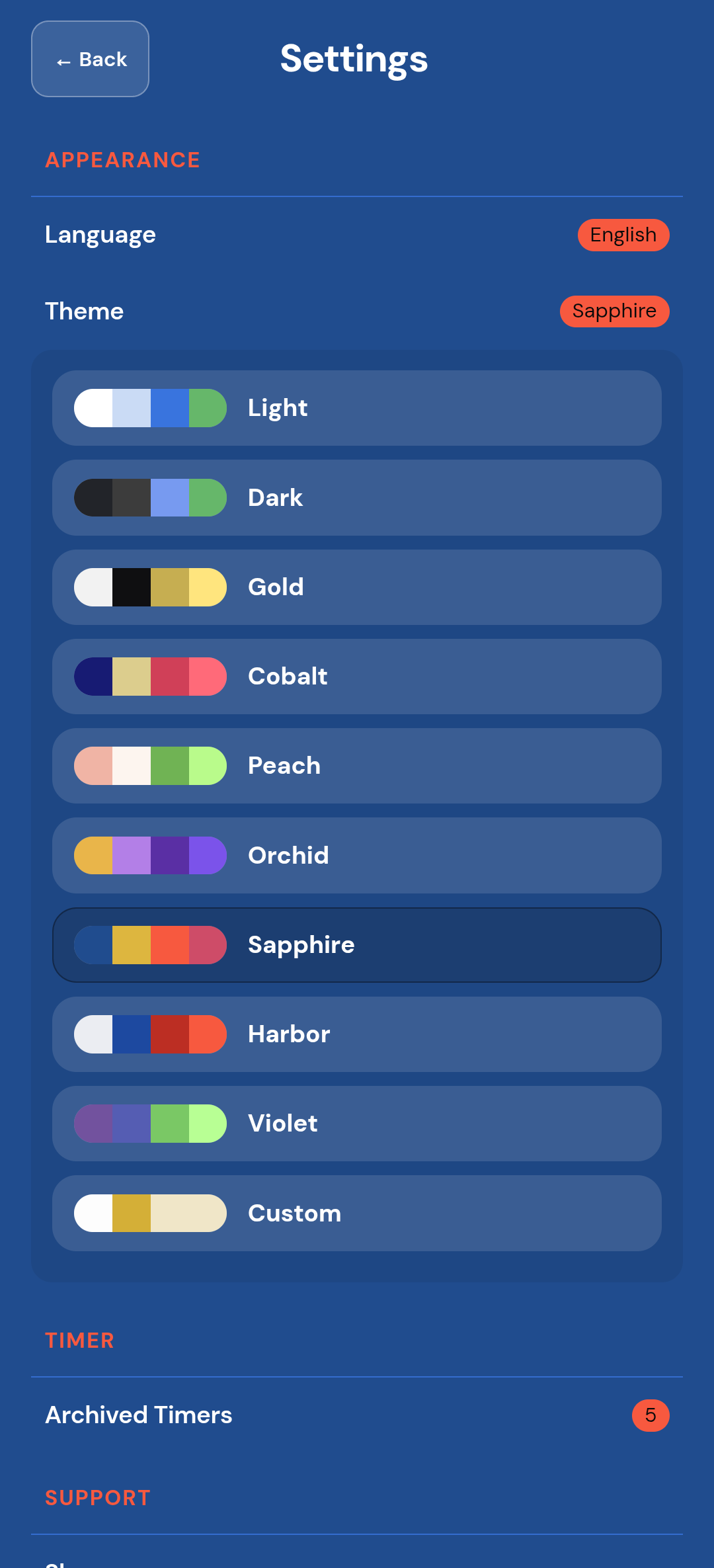 Settings theme list with Sapphire selected.
